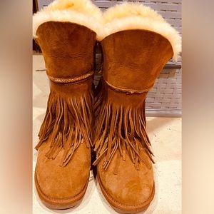 Women Tan Leather Shearling Fringe Boots SZ 8